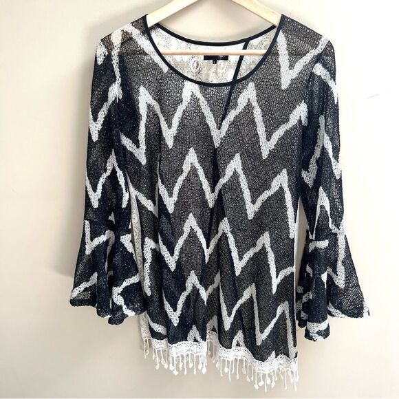 Ryu Black and White Zigzag Lace Tunic Sz L - Picture 1 of 6